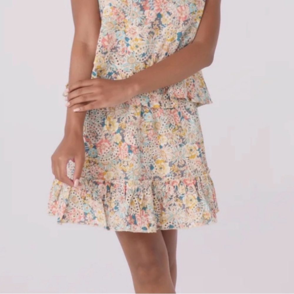 LUNA MOON Anthropologie Eyelet Embroidered Tiered Ruffled Mini Skirt Multi XS